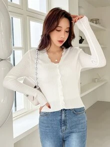 DAZY Cárdigan de punto acanalado con ribete de concha para otoño - Blanco - Ver 5
