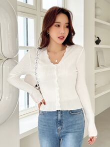 DAZY Cárdigan de punto acanalado con ribete de concha para otoño - Blanco - Ver 4
