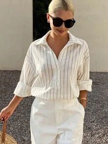 Livesso Petite Kemeja Bergaris Kasual Wanita untuk Perjalanan Musim Gugur - Putih - View 7