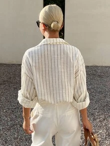 Livesso Petite Kemeja Bergaris Kasual Wanita untuk Perjalanan Musim Gugur - Putih - View 2