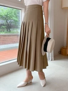 DAZY 女款素色百褶休閒百搭日常穿著裙 秋冬 - 卡其色 - 查看 4
