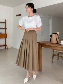 DAZY 女款素色百褶休閒百搭日常穿著裙 秋冬 - 卡其色 - 查看 5