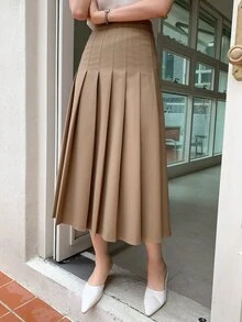 DAZY 女款素色百褶休閒百搭日常穿著裙 秋冬 - 卡其色 - 查看 7