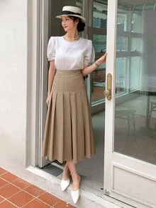 DAZY 女款素色百褶休閒百搭日常穿著裙 秋冬 - 卡其色 - 查看 8