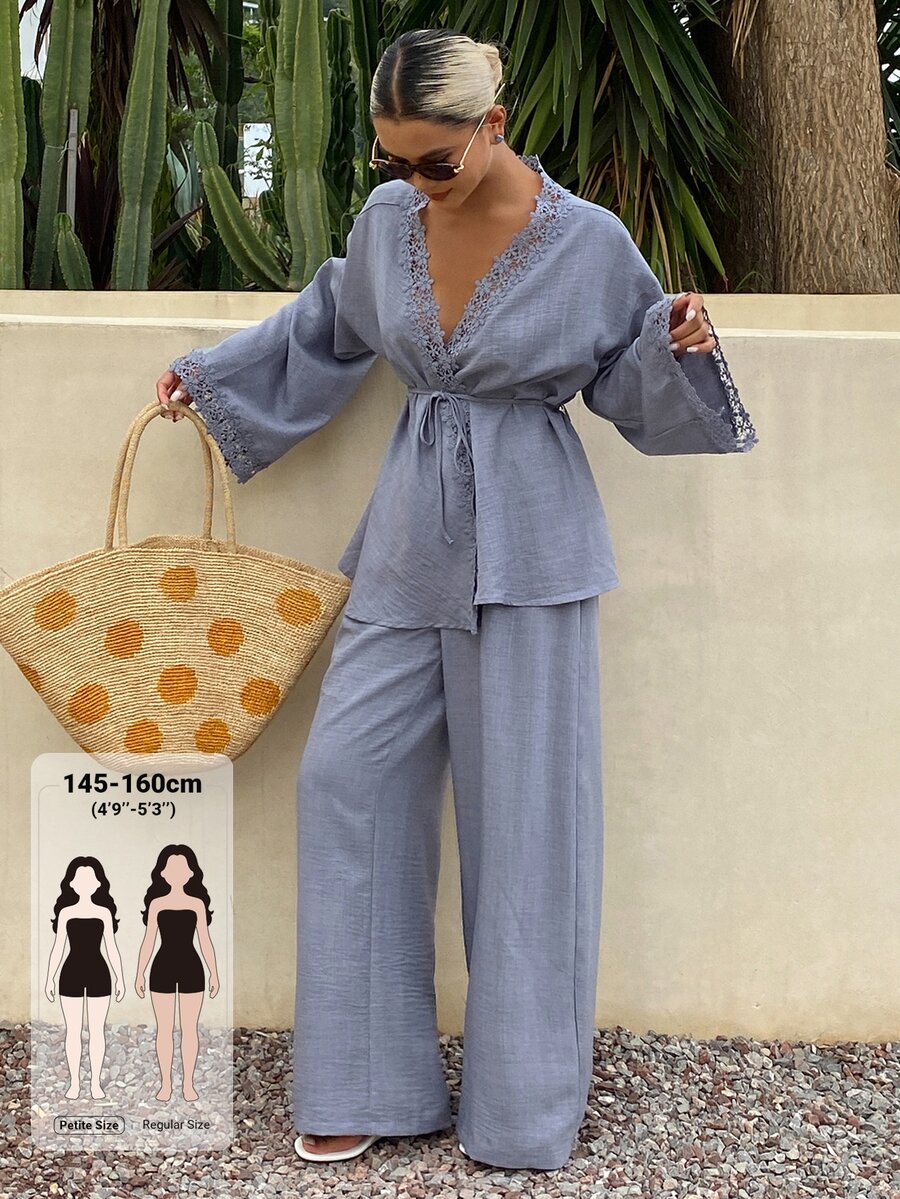 DAZY Women's Solid Color Contrast Lace Long Sleeve Robe And Wide Leg Pants Casual 2 Pieces Set Fall - Blue - View 1