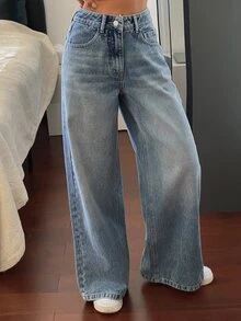 Livesso Petite Women's Loose Wide Leg Casual Versatile Denim Jeans With Pockets Fall - Blue - View 5