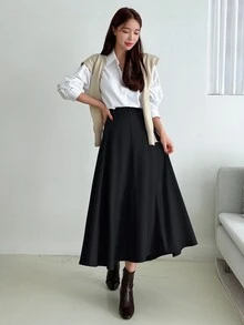 DAZY 女款純色百褶休閒優雅百搭日常穿著裙 秋季辦公約會黑色 - 黑色 - 查看 4