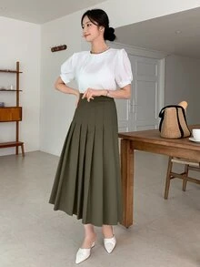 DAZY 女款素色優雅通勤百褶裙 秋季 - 橄欖綠 - 查看 4