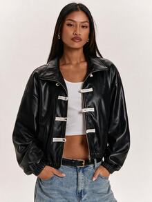 SHEIN BAE 黑色皮革布料前扣裝飾彈性下擺短夾克，適合休閒穿著、日常穿著 - 黑色 - 查看 8