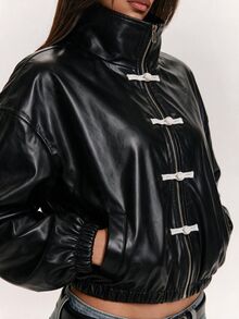 SHEIN BAE 黑色皮革布料前扣裝飾彈性下擺短夾克，適合休閒穿著、日常穿著 - 黑色 - 查看 5