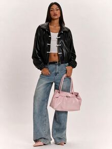 SHEIN BAE 黑色皮革布料前扣裝飾彈性下擺短夾克，適合休閒穿著、日常穿著 - 黑色 - 查看 3