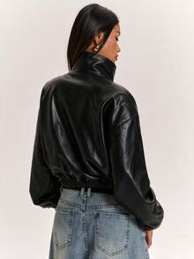 SHEIN BAE 黑色皮革布料前扣裝飾彈性下擺短夾克，適合休閒穿著、日常穿著 - 黑色 - 查看 2