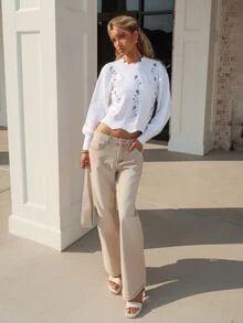 Sydney Algeri 秋冬女款休閒度假水洗復古寬版米色水洗牛仔緊身牛仔褲，適合嬌小女性 - 米色 - 查看 7