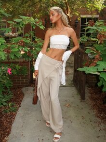 Sydney Algeri Women's Elegant Loose Wide Leg Pants, Fashion Versatile, Grey Color Trousers Brunch Office Work Autumn - Green - View 5