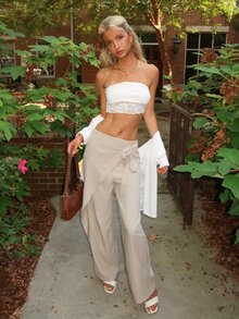 Sydney Algeri Women's Elegant Loose Wide Leg Pants, Fashion Versatile, Grey Color Trousers Brunch Office Work Autumn - Green - View 6