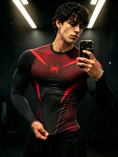GymBeat Men's Spider Print Raglan Long Sleeve Sports T-Shirt, Gym