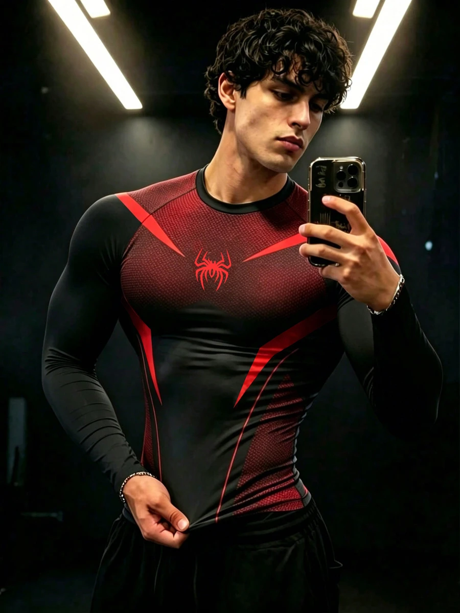 GymBeat Men's Spider Print Raglan Long Sleeve Sports T-Shirt - Multicolor - View 1