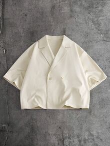 GENTILAND Men's Solid Color Overlapping Short Sleeve Shirt And Pants Casual Daily Suit - Apricot - View 10