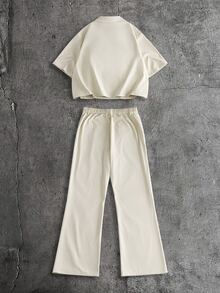 GENTILAND Men's Solid Color Overlapping Short Sleeve Shirt And Pants Casual Daily Suit - Apricot - View 3