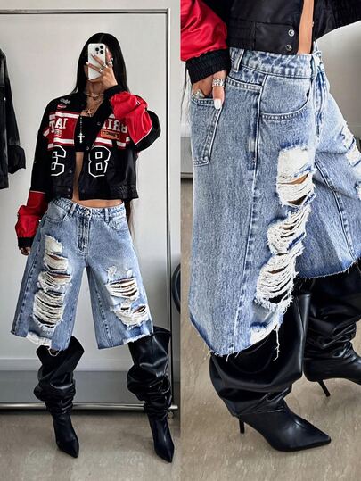 StreetHx Women's Casual Daily Travel Denim Jeans With Pocket, Button And Distressed Design