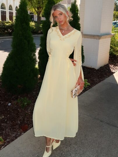 Sydney Algeri V-Neck Lace Patchwork Long Sleeve Arabic Style Dress, Elegant Party Evening A Line Arabian Kaftan Jalabiya Dresses