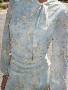 Sydney Algeri 女士蓝色系带领褶皱腰身连衣裙，适合春秋季户外穿着 - 藍色 - 查看 5