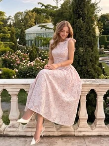 SHEIN MOD Floral Romantic Bow Long Dress - Apricot - View 5