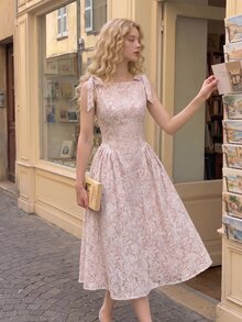 SHEIN MOD Floral Romantic Bow Long Dress - Apricot - View 1