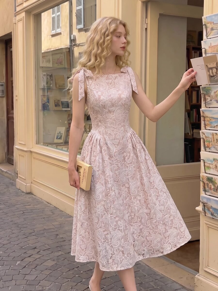 SHEIN MOD Floral Romantic Bow Long Dress - Apricot - View 1