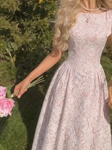 SHEIN MOD Floral Romantic Bow Long Dress - Apricot - View 3