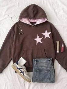 Tween Girls Leopard Print Kids & Star Pattern Colorblock Autumn Sweatshirt - Brown - View 1