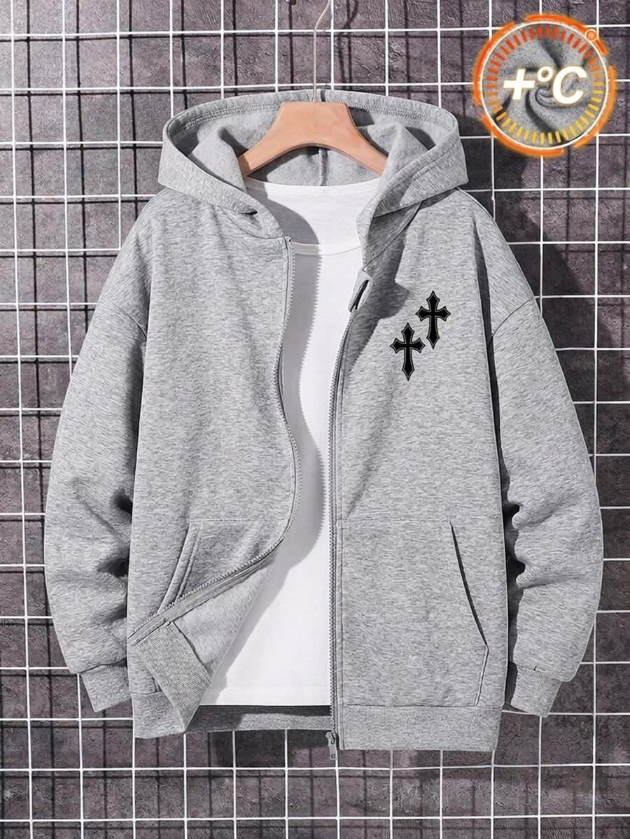 SHEIN Kids Bolty , Cross, Rose Texture, Handsome, Punk, Aged, Attitude, Young, Personalized Tween Boys Casual Autumn Winter Sweatshirt, Suitable For Summer - Grey - View 1