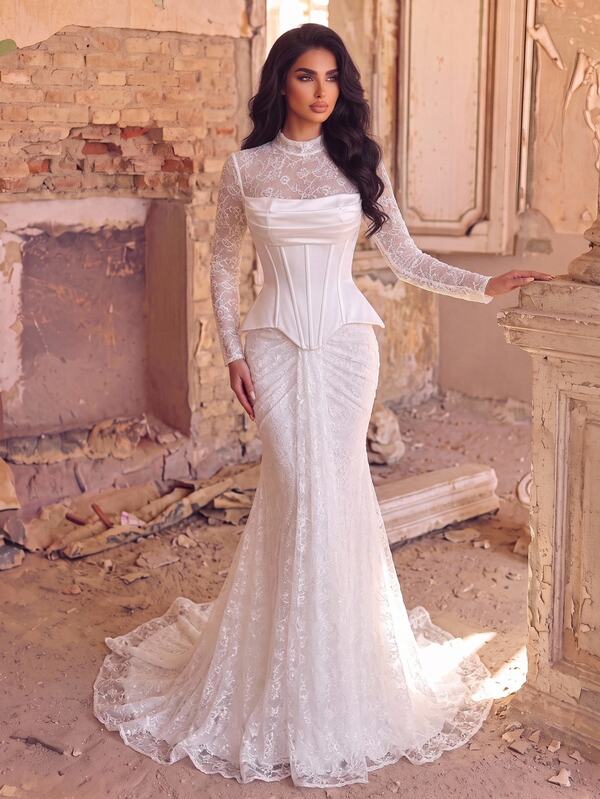 Aureia Elegant White Luxurious Beaded Sequin Elastic Lace Embroidered Ruched Patchwork Satin Sheer Long Sleeve Mermaid Dress For Wedding Events, Bachelorette Party, Date, All Formal Occasions, Women's Bridal Gown