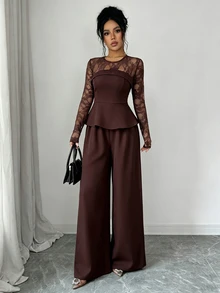 Elenzga Atasan Peplum Renda Kontras & Celana Panjang Lebar - Coklat - View 4