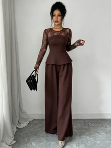 Elenzga Atasan Peplum Renda Kontras & Celana Panjang Lebar - Coklat - View 6