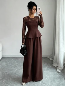 Elenzga Atasan Peplum Renda Kontras & Celana Panjang Lebar - Coklat - View 5
