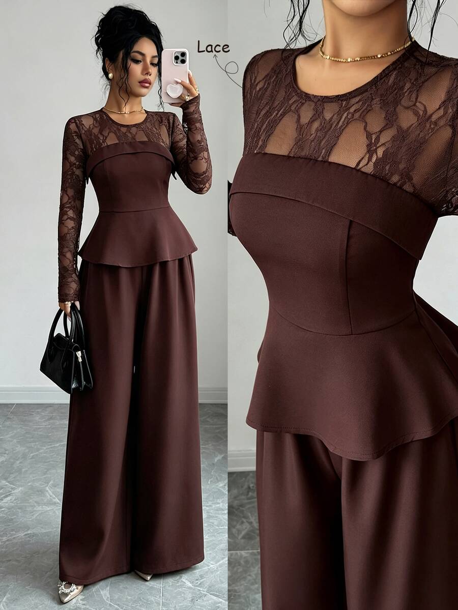 Elenzga Atasan Peplum Renda Kontras & Celana Panjang Lebar - Coklat - View 1