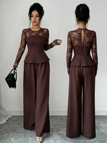Elenzga Atasan Peplum Renda Kontras & Celana Panjang Lebar - Coklat - View 7