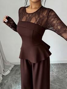 Elenzga Atasan Peplum Renda Kontras & Celana Panjang Lebar - Coklat - View 3