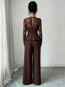 Elenzga Atasan Peplum Renda Kontras & Celana Panjang Lebar - Coklat - View 2