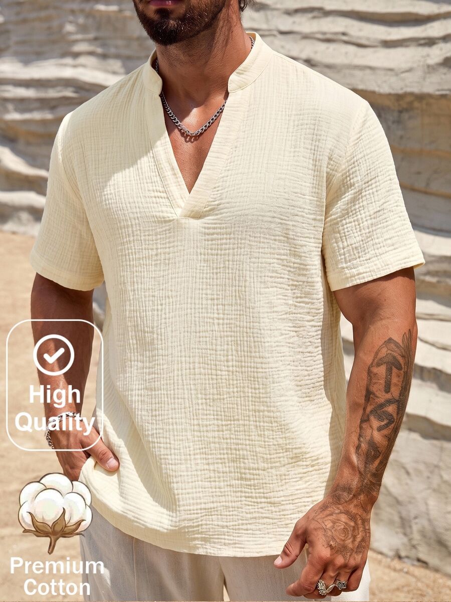 HIMLAND Loose Men Solid Half Button Shirt - Apricot - View 1