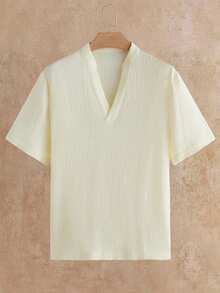 HIMLAND Loose Men Solid Half Button Shirt - Apricot - View 6