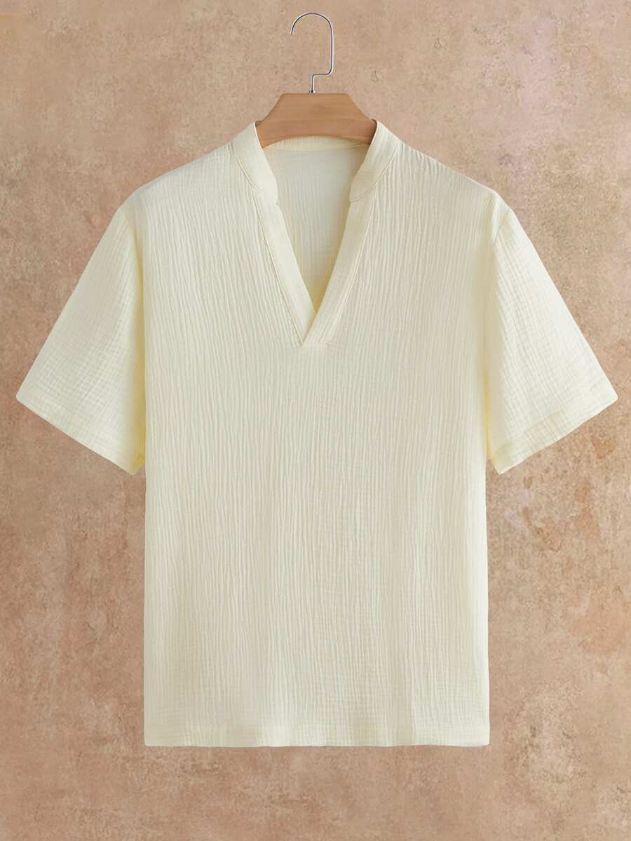 HIMLAND Loose Men Solid Half Button Shirt - Apricot - View 1