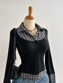Elamini Plaid Colorblock Long Sleeve Collared Shirt For Women - Black - View 5