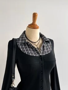 Elamini Plaid Colorblock Long Sleeve Collared Shirt For Women - Black - View 6