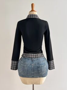 Elamini Plaid Colorblock Long Sleeve Collared Shirt For Women - Black - View 2