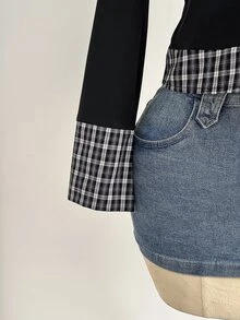 Elamini Plaid Colorblock Long Sleeve Collared Shirt For Women - Black - View 3
