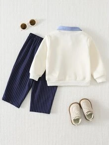 SHEIN Baby Boy Cartoon Bear College Style Contrast Color Shirt Collar Pullover Sweatshirt And Striped Elastic Waist Long Autumn Pants 2-Piece Set - Blue - View 2