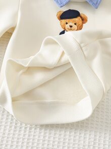 SHEIN Baby Boy Cartoon Bear College Style Contrast Color Shirt Collar Pullover Sweatshirt And Striped Elastic Waist Long Autumn Pants 2-Piece Set - Blue - View 11
