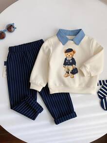 SHEIN Baby Boy Cartoon Bear College Style Contrast Color Shirt Collar Pullover Sweatshirt And Striped Elastic Waist Long Autumn Pants 2-Piece Set - Blue - View 1